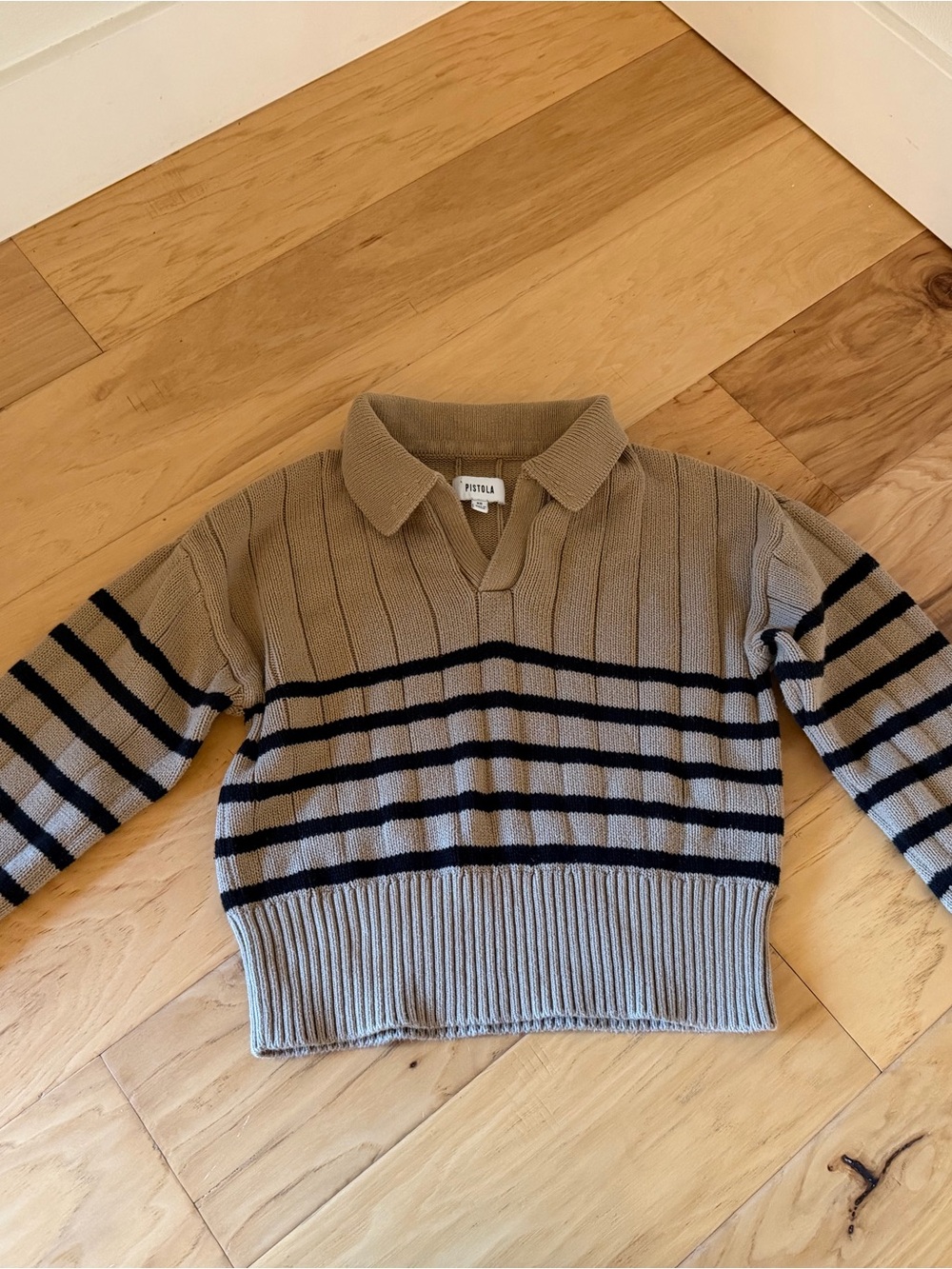 Pistola tan and Black Striped V-Neck Collared Sweater- excellent used condition - Picture 4 of 7